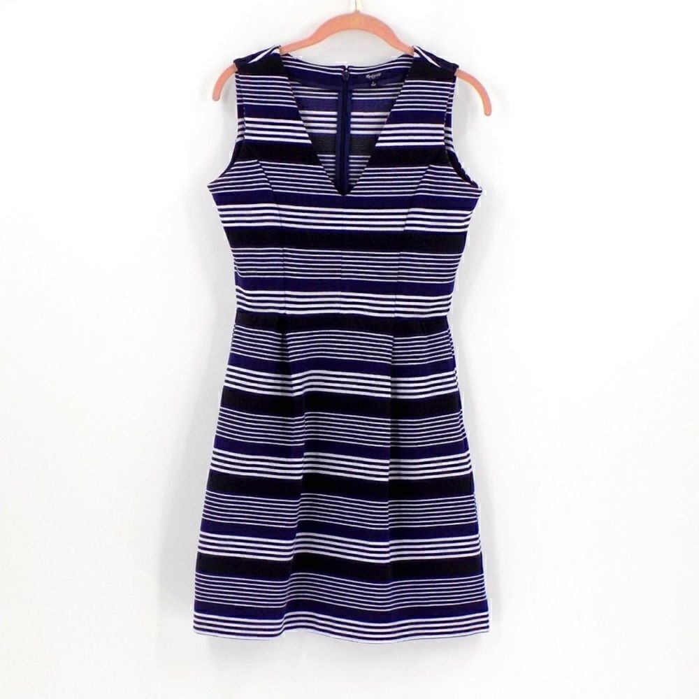 Madewell Gallerist Pointe V-Neck Sleeveless Blue Black Stripe Dress | S - Picture 6 of 7